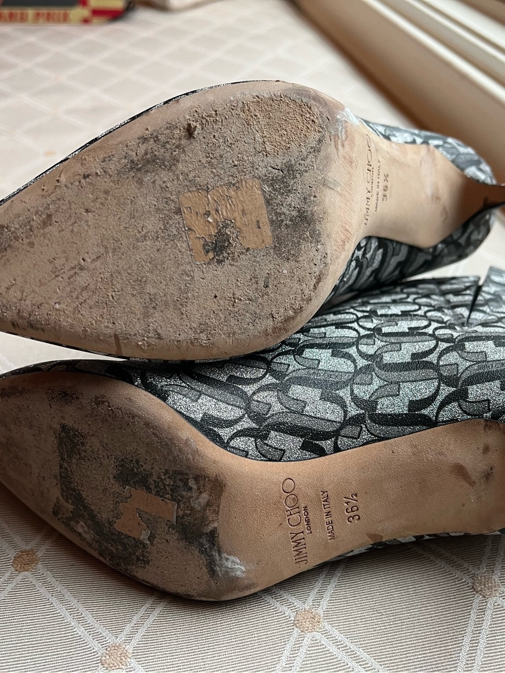 Jimmy Choo Silver & Black Monogram Glitter Kitten Heel Booties EU 36.5 / US 6.5 - Picture 7 of 8
